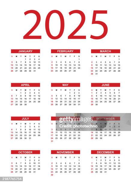 12 month calendar for 2025 annual calendar template. week starts on sunday. - desk calendar stock illustrations
