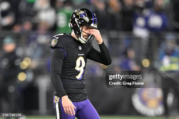 Justin Tucker of the Baltimore Ravens reacts during the third quarter after missing his third kick of the night against the Philadelphia Eagles at...
