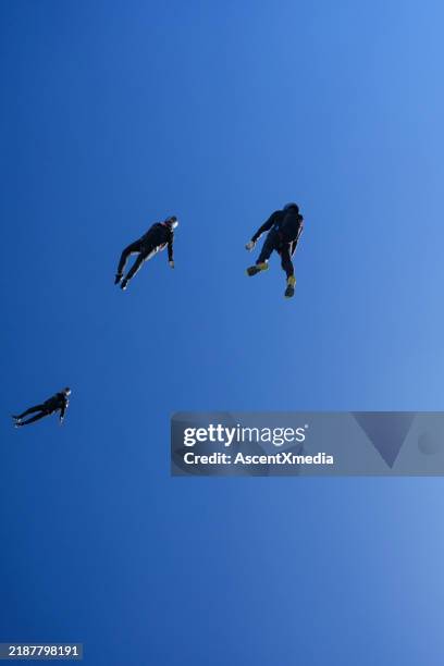fallschirmspringer schweben in blauem himmel - adrenalin stock-fotos und bilder