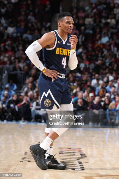 Russell Westbrook of the Denver Nuggets looks on during the game against the Cleveland Cavaliers on December 5, 2024 at Rocket Mortgage FieldHouse in...