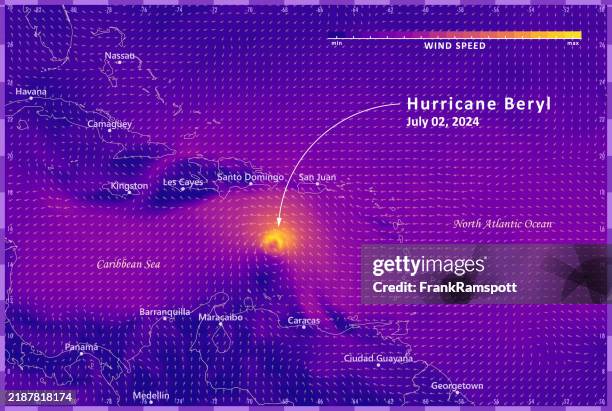 hurricane beryl 20240702 wind weather map caribbean sea infographic - wind map stock illustrations
