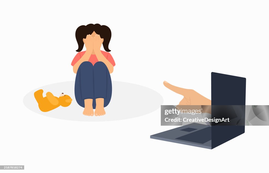 Cyberbullying, Internet Aggression And Online Abuse Concept. Sad Lonely Child Covering Her Face With Her Hands. Index Finger Coming Out Of Laptop Monitor And Pointing At Little Girl