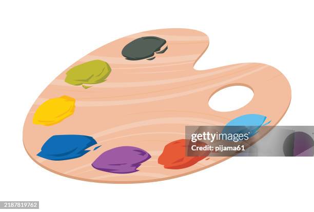 wooden artist's palette with colorful paint blobs. flat vector illustration isolated on white background. - artists palette stock illustrations