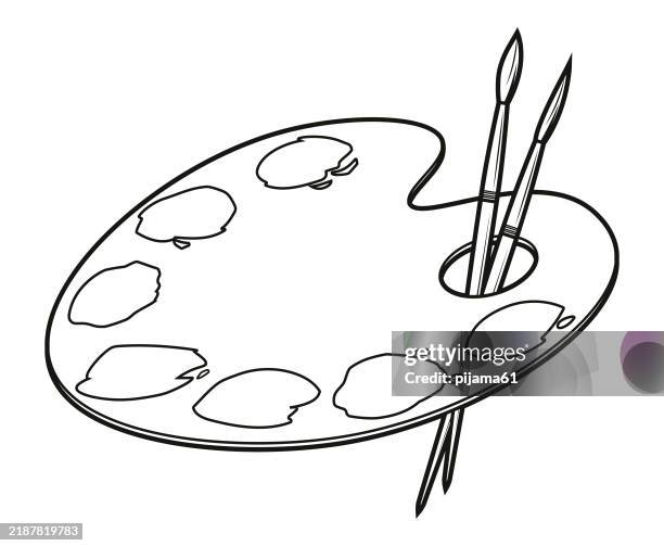 ilustrações de stock, clip art, desenhos animados e ícones de wooden artist's palette with colorful paint blobs. flat vector illustration isolated on white background. - paleta de cores