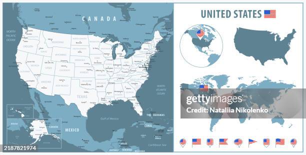 usa - detailed map with regions and cities. set of flags, globe, country outline, country location on world map. - collect icon stock illustrations