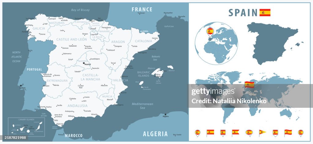 Spain Basic Map Spain Detailed Map With Regions And Cities Set Of Flags Globe Country ...