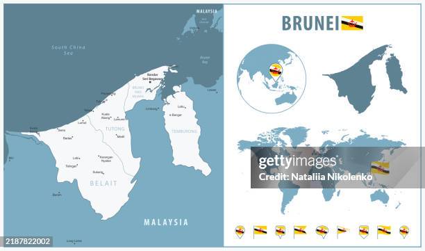 Brunei Detailed Map With Regions And Cities Set Of Flags Globe Country Brunei Detailed Map With Regions And Cities Set Of Flags Globe Country Outline Country 