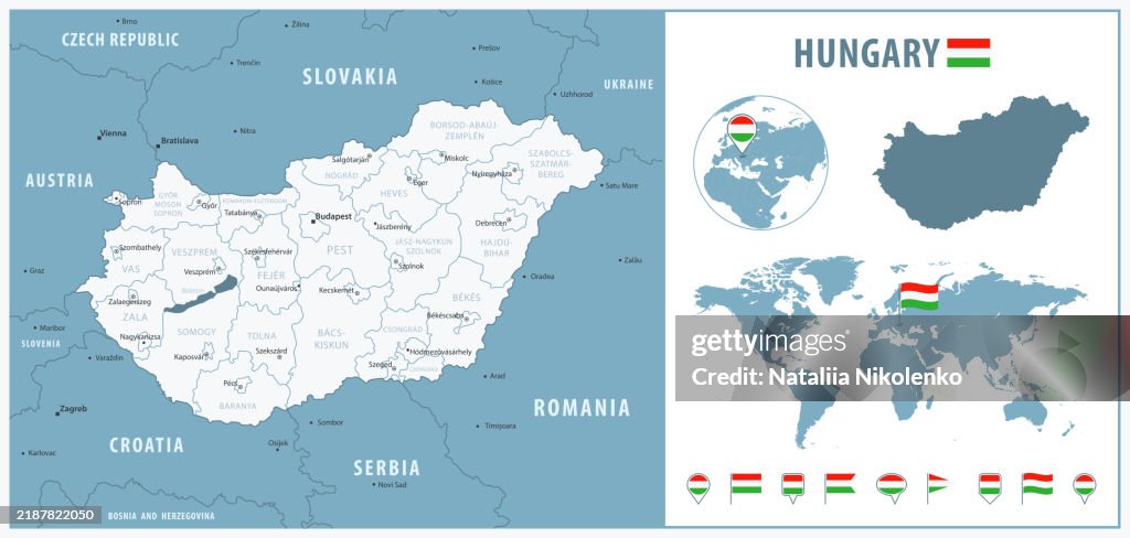 Humgary Country Code Hungary Detailed Map With Regions And Cities Set Of Flags Globe Country ...