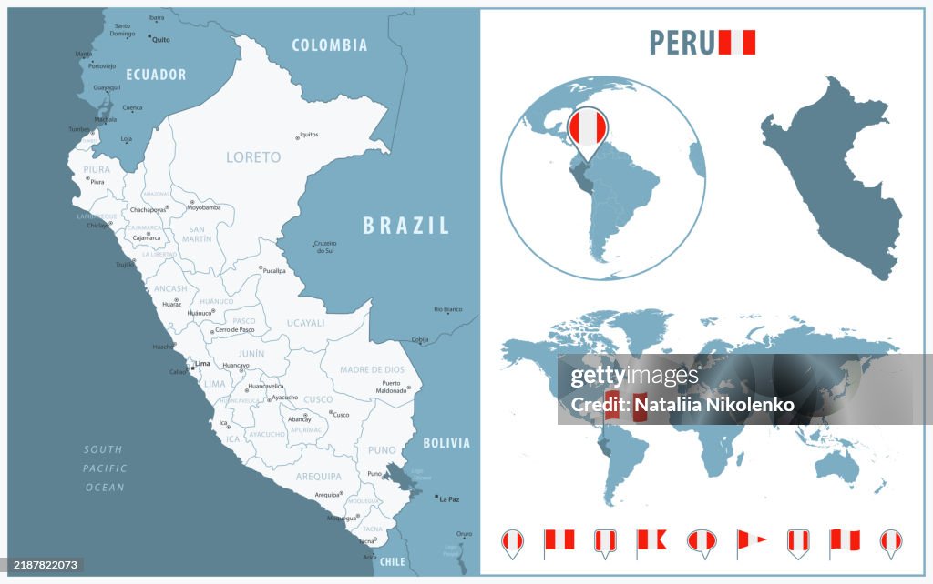 Perul Map Peru Detailed Map With Regions And Cities Set Of Flags Globe Country ...
