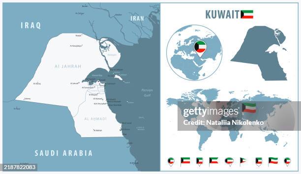 Kuwait Detailed Map With Regions And Cities Set Of Flags Globe Country Kuwait Detailed Map With Regions And Cities Set Of Flags Globe Country Outline Country 