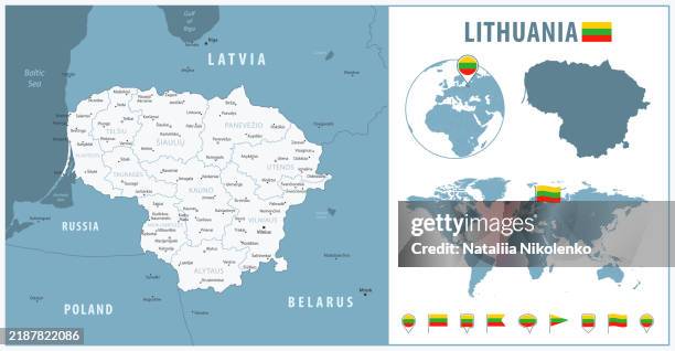 Lithuania Detailed Map With Regions And Cities Set Of Flags Globe Lithuania Detailed Map With Regions And Cities Set Of Flags Globe Country Outline Country 