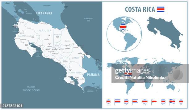 Costa Rica Detailed Map With Regions And Cities Set Of Flags Globe Costa Rica Detailed Map With Regions And Cities Set Of Flags Globe Country Outline Country 