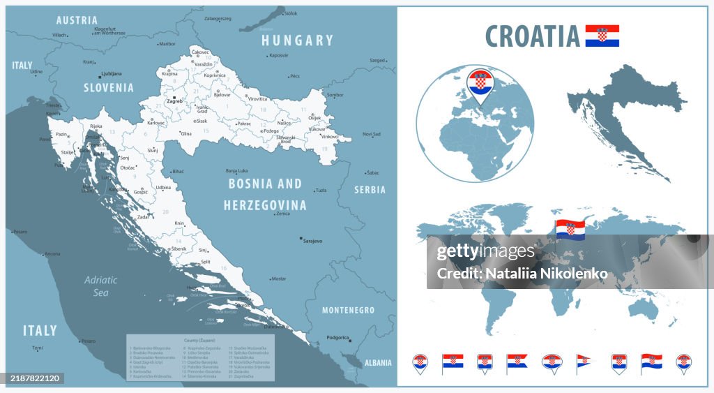 Map Croatic Croatia Detailed Map With Regions And Cities Set Of Flags Globe Country ...