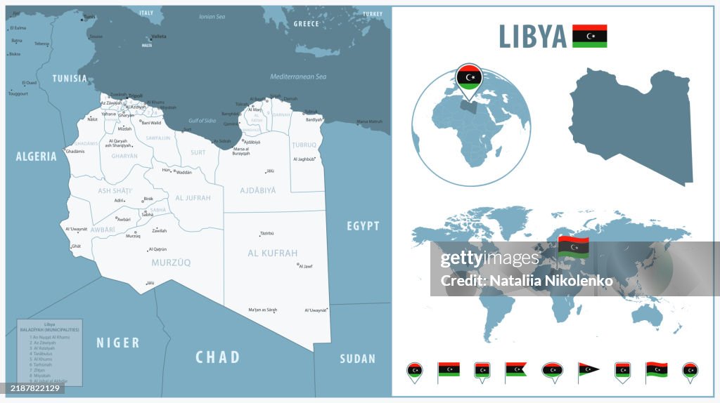 Libya Map Shape Libya Detailed Map With Regions And Cities Set Of Flags Globe Country ...