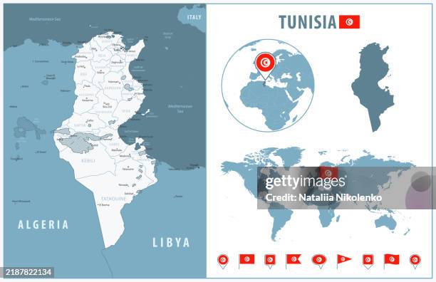 tunesien - detaillierte karte mit regionen und städten. satz flaggen, globus, länderumriss, länderstandort auf der weltkarte. - hauptstadt stock-grafiken, -clipart, -cartoons und -symbole