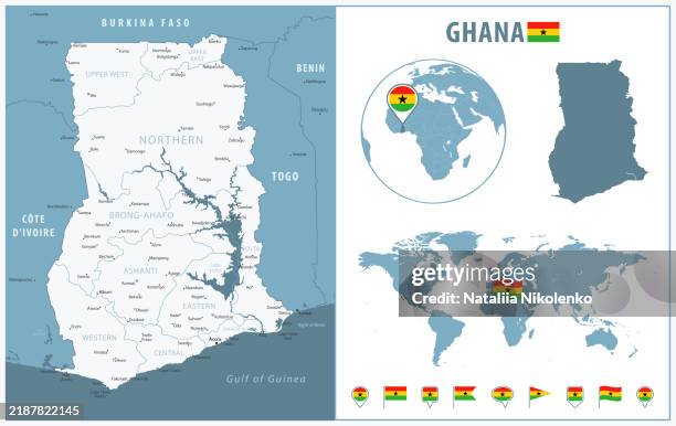 ghana - detailed map with regions and cities. set of flags, globe, country outline, country location on world map. flag and globe. - ghana stock illustrations