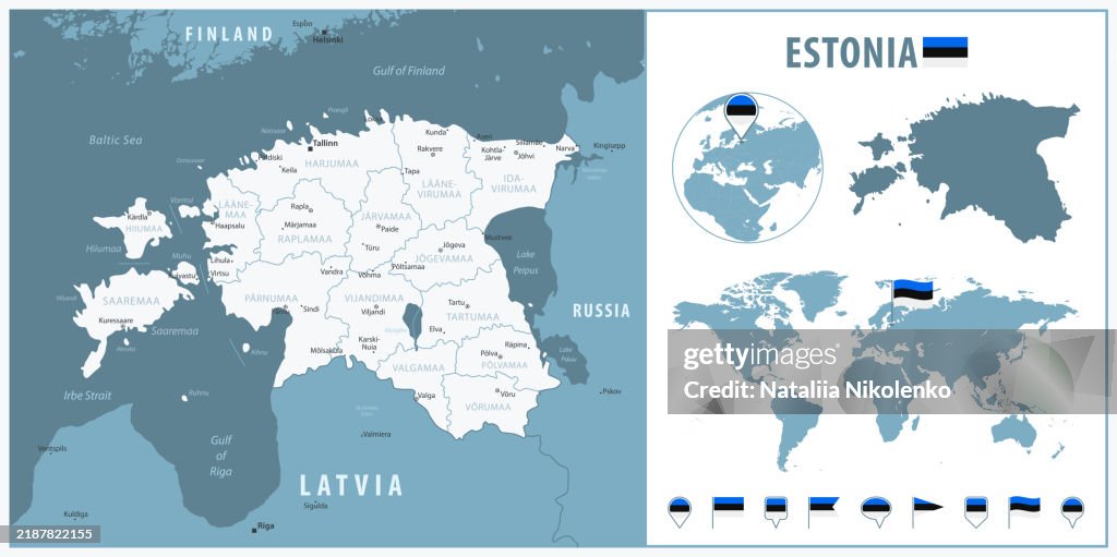 Estonia Detailed Map With Regions And Cities Set Of Flags Globe Country estonia-detailed-map-with-regions-and-cities-set-of-flags-globe-country