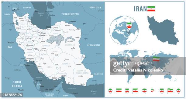 ilustraciones, imágenes clip art, dibujos animados e iconos de stock de irán - mapa detallado con regiones y ciudades. conjunto de banderas, globo terráqueo, contorno del país, ubicación del país en el mapa mundial. bandera y globo terráqueo. - iran mapa