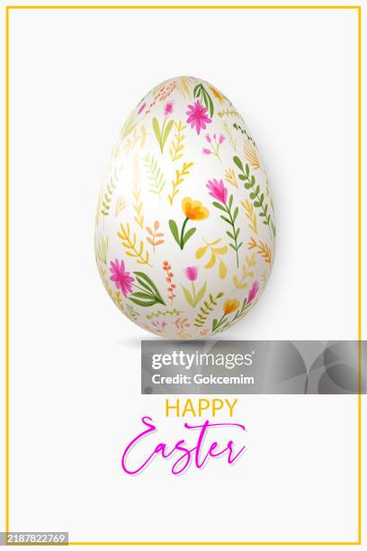 happy easter greeting card with easter egg and flowers. easter concept, design element for greeting and invitation cards. - easter egg painting stock illustrations