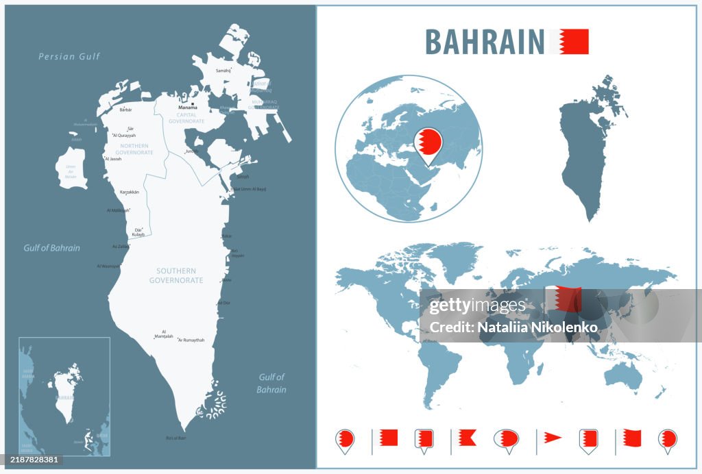 Bahrain In World Map Bahrain Detailed Map With Regions And Cities Set Of Flags Globe Country ...