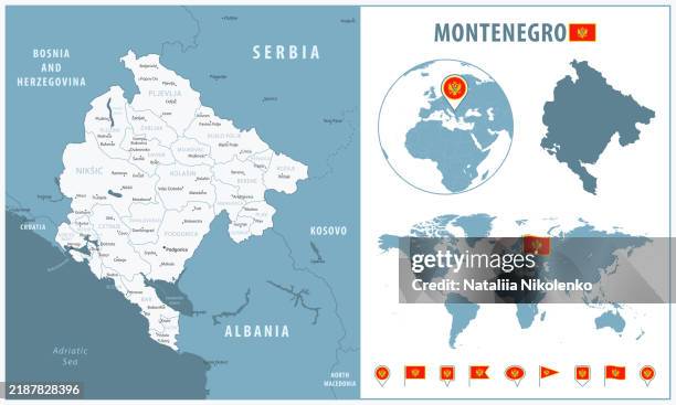 Montenegro Detailed Map With Regions And Cities Set Of Flags Globe Montenegro Detailed Map With Regions And Cities Set Of Flags Globe Country Outline Country 