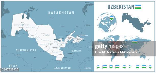 Uzbekistan Detailed Map With Regions And Cities Set Of Flags Globe Uzbekistan Detailed Map With Regions And Cities Set Of Flags Globe Country Outline Country 