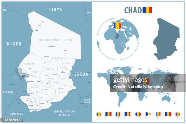 352 Chad Africa Map Stock Photos High Res Pictures And Images Getty Chad Detailed Map With Regions And Cities Set Of Flags Globe Country Outline Country 