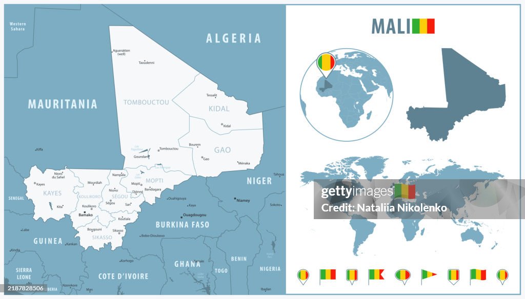 Mali - Detailed Map with Regions and Cities. Set of Flags, Globe, Country Outline, Country Location on World Map. Flag and Globe.