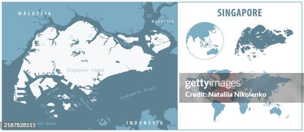 singapore - detailed map with regions and cities. set of flags, globe, country outline, country location on world map. flag and globe. - singapore flag pin stock illustrations