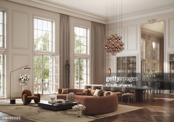 moderne wohnzimmergestaltung mit offenem essbereich - digital generiert - luxus stock-fotos und bilder