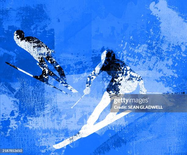 painted skiers - skier jumping stock pictures, royalty-free photos & images