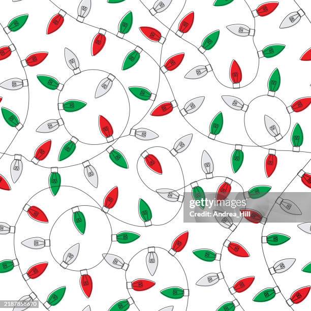 christmas lights single line drawing in a seamless pattern with editable stroke - fairy-lights-transparent-background stock illustrations