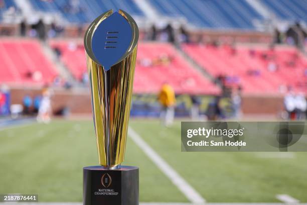 Detail view of the College Football Playoff championship trophy is shown prior to the game between the Dallas Cowboys and the New York Giants at...