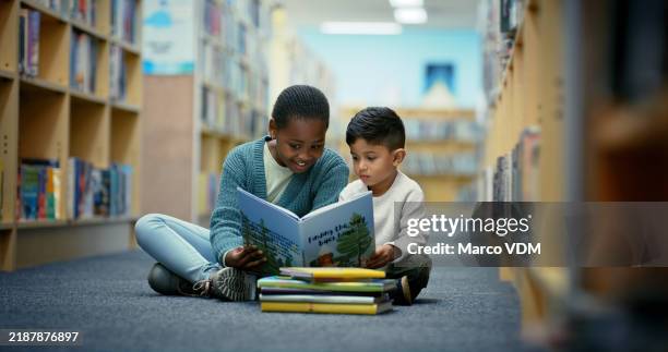 children, books and reading in library for education, language development and peer support for learning. friends, students and literature in school for storytelling, vocabulary growth and relax - contar histórias imagens e fotografias de stock
