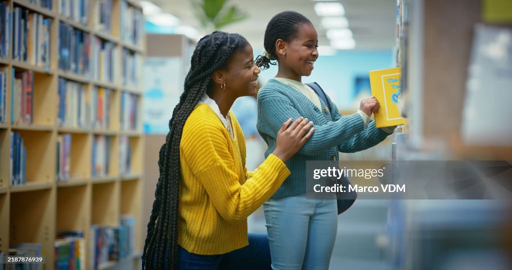 Library, girl and educator help reading book for education, learning and knowledge for storytelling and language. Teacher, black woman and kid for fun, fantasy stories and development or relaxing