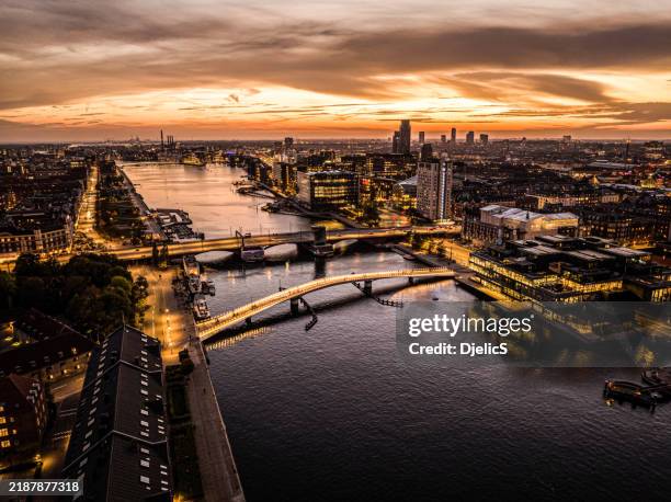 aerial view of copenhagen cityscape at sunset - köpenhamn bildbanksfoton och bilder