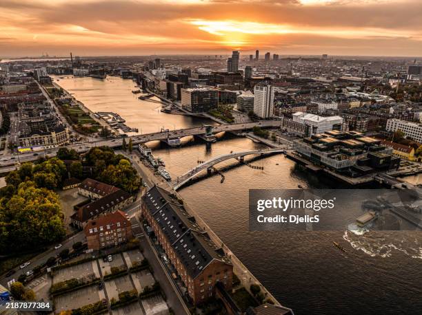 aerial view of copenhagen, denmark at sunset - christianshavn stock pictures, royalty-free photos & images