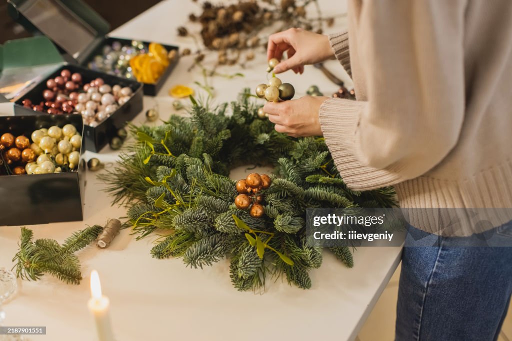 Advent Wreath with mistletoe branches. Christmas decor