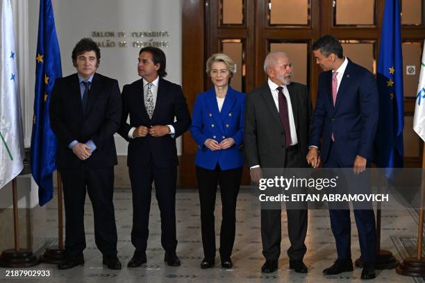 Argentina's President Javier Milei, Uruguay's President Luis Lacalle Pou, European Commission President Ursula von der Leyen, Brazil's President Luiz...