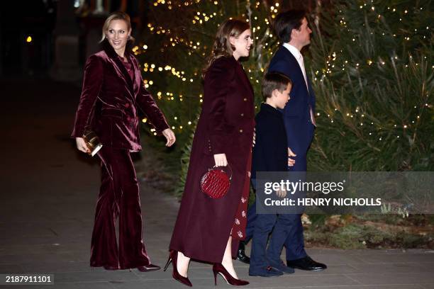 Britain's Princess Beatrice of York , her husband Edoardo Mapelli Mozzi and stepson Christopher arrive with Britain's Sophie, Duchess of Edinburgh to...