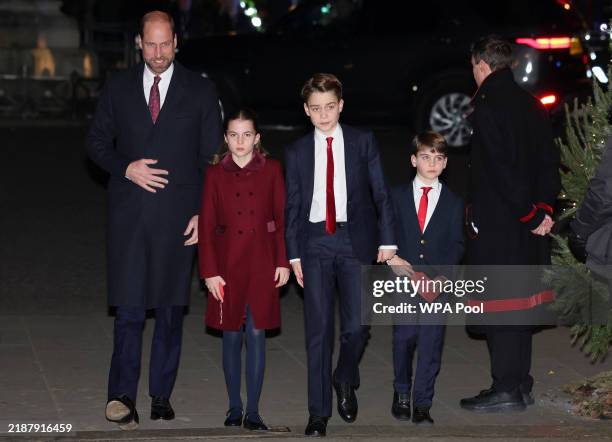Britain's Prince William, Prince of Wales, Princess Charlotte, Prince George and Prince Louis attend the 'Together At Christmas' Carol Service at...