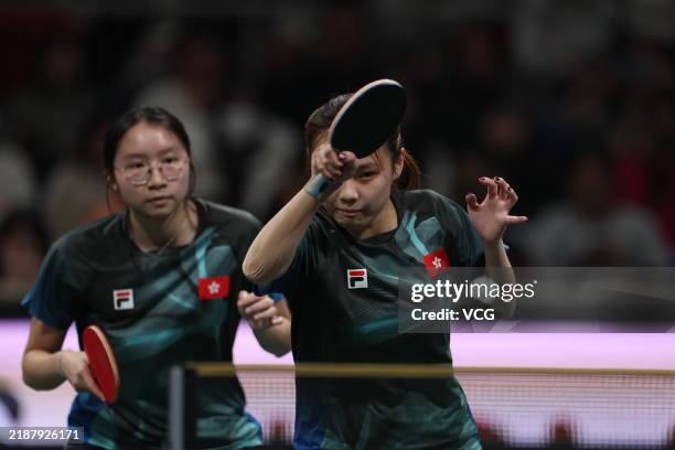 Lee Hoi Man Karen and Wong Hoi Tung of Team Chinese Hong Kong compete against Jessie Xu and Ivy Liao of Team Canada on day 2 of the ITTF Mixed Team...
