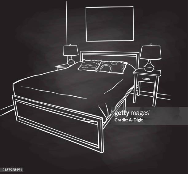 bedroomforrentsketchblackboard - bedside table stock illustrations