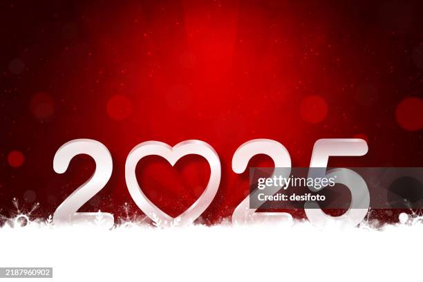silver white colored text 2025 over dark vibrant red maroon horizontal snowing glittering happy new year celebration love backgrounds for greeting cards, posters, banners with snowflakes border at bottom and one heart shape over shiny light beam backdrop - red silver gradient stock illustrations