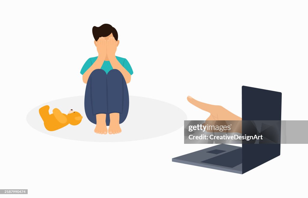 Cyberbullying, Internet Aggression And Online Abuse Concept. Sad Lonely Child Covering His Face With His Hands. Index Finger Coming Out Of Laptop Monitor And Pointing At Little Boy