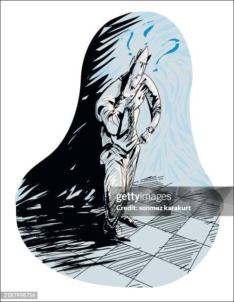 the man standing on the chessboard thinking about his move - man playing chess stock illustrations