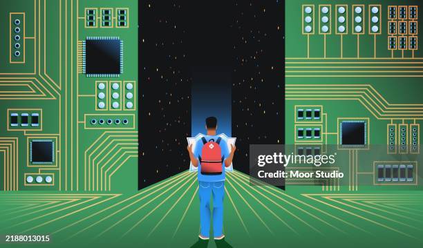 ilustrações de stock, clip art, desenhos animados e ícones de young man researching tech world illustration - jovens estudando