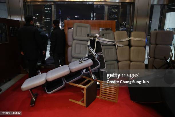 Barricade are seen at the National Assembly on December 03, 2024 in Seoul, South Korea. South Korean lawmakers voted to lift the declaration of...