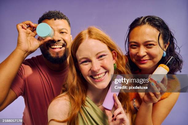 happy gen z friends showing beauty products, enjoying skincare and wellness routine - eye make up stock pictures, royalty-free photos & images