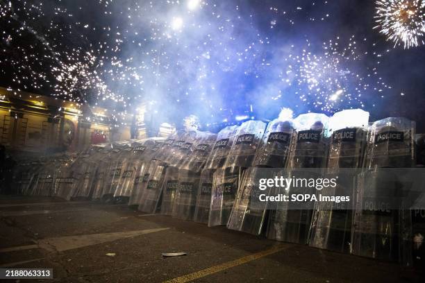 Riot police shield themselves from fireworks launched by pro-European protesters on the 9th night of anti-government protests in Georgia's capital...